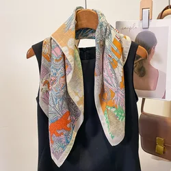 New Luxury Animals Floral Print Cotton Velvet Square Scarf for Women Soft Neckerchief Lady Hijab Neck Ties Hair Headbands Gift