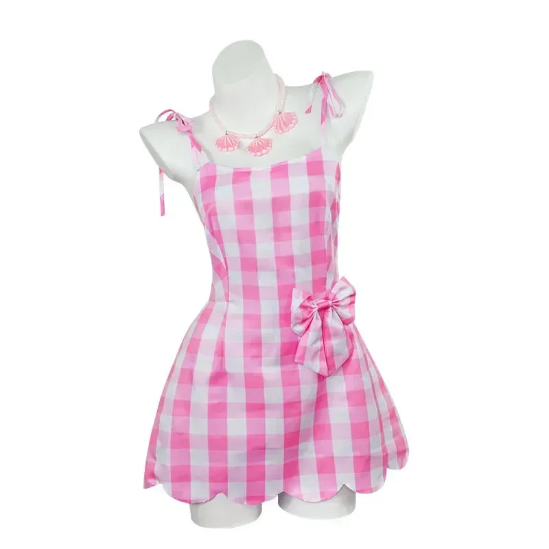 Movie Princess Cosplay Costume Margot Robbie Pink Plaid Dress for Women Kids Clothes Suit Halloween Party Uniform Roleplay