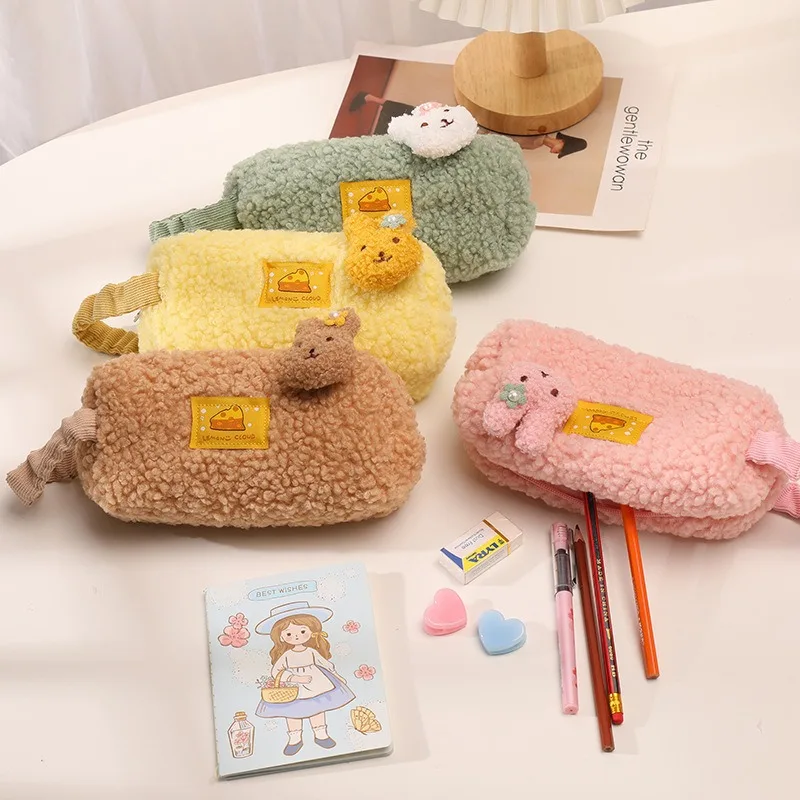 Japanese Simple Junior High School Girls Storage Stationery Plush Cartoon Ins Style Large Capacity Pencil Case Students Supplies