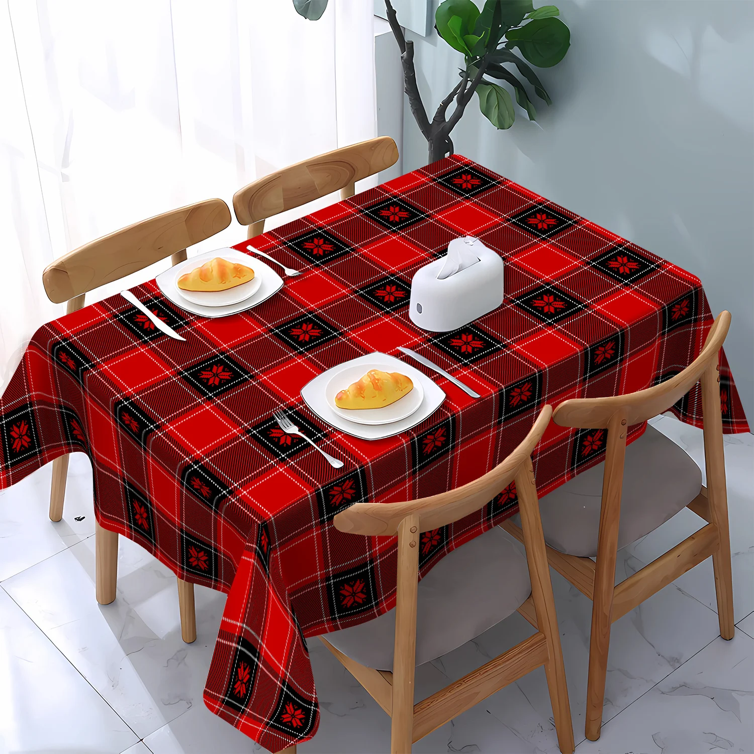 One red and black check-patterned polyester tablecloth for Christmas-themed use.