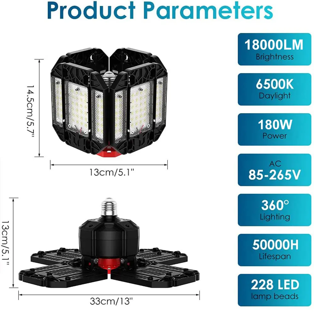 180W LED Garage Lichter 18000LM 6500K Verformbaren Decke Beleuchtung Werkstatt Lager Leuchte mit 12 Einstellbare Panels Bucht Lichter