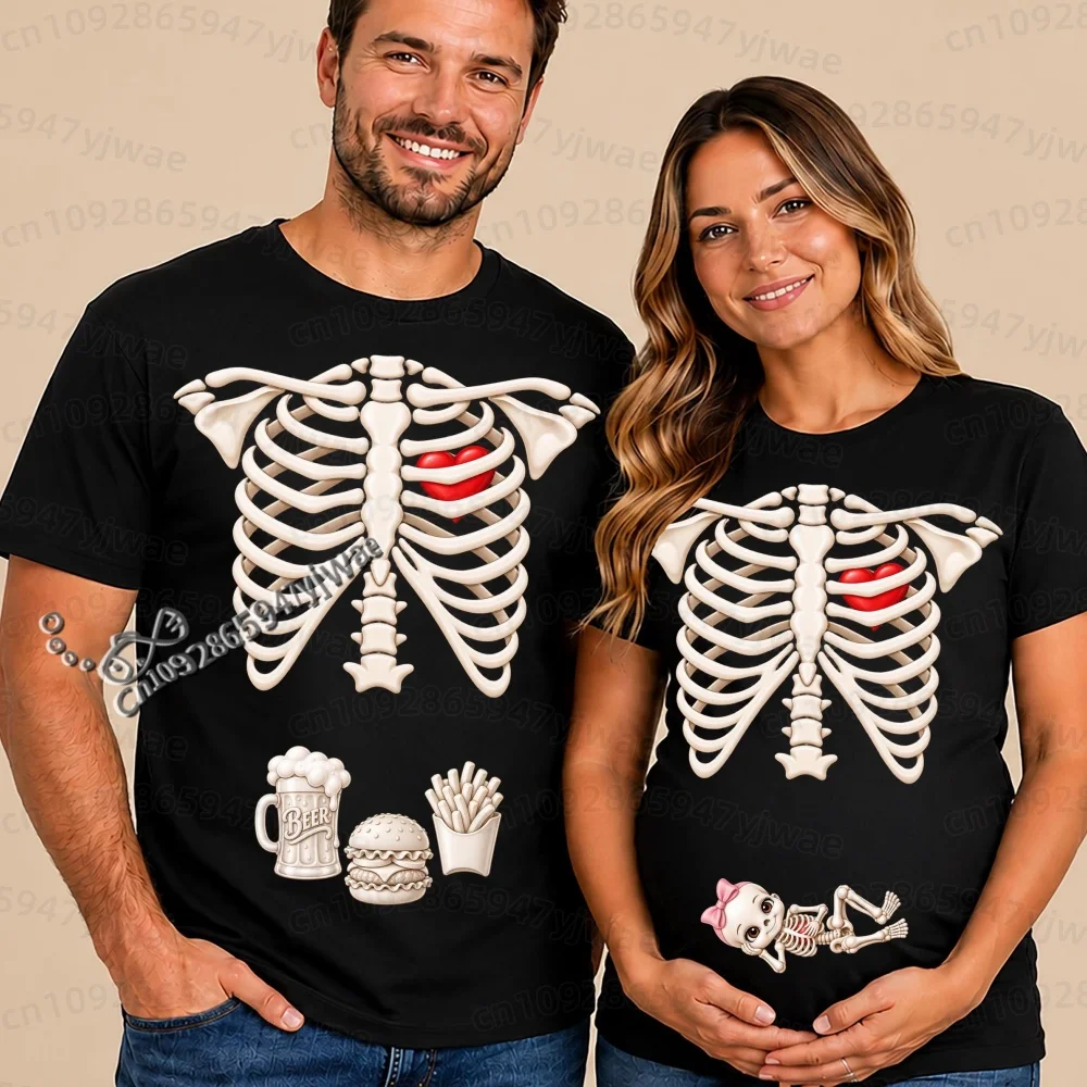 2026 Herren Halloween Skelett Schwangerschafts-Baby Halloween T-Shirt Totenkopf-Knochen-Druck Kurzarm Damen Herren Halloween Paar T-Shirt – Detail 22