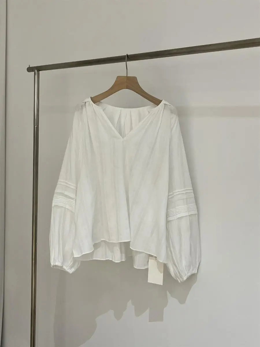 East Gate V-neck Lazy Lantern Sleeve White Shirt Women Loose Wrinkle Bubble Sleeve Personality Top Quick Delivery Cotton Blend