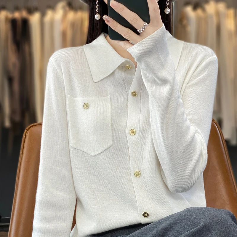 Women\'s Cardigan With Pocket Spring And Summer New Lapel Shirt Fine Imitation Wool Sweater High Street Coat Top Long Sleeves