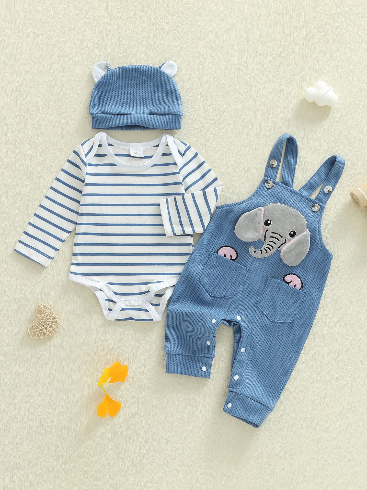 

Infant Boys 3-Piece Clothing Set with Striped Romper Elephant Embroidery Suspender Pants and Matching Hat for a Stylish Look