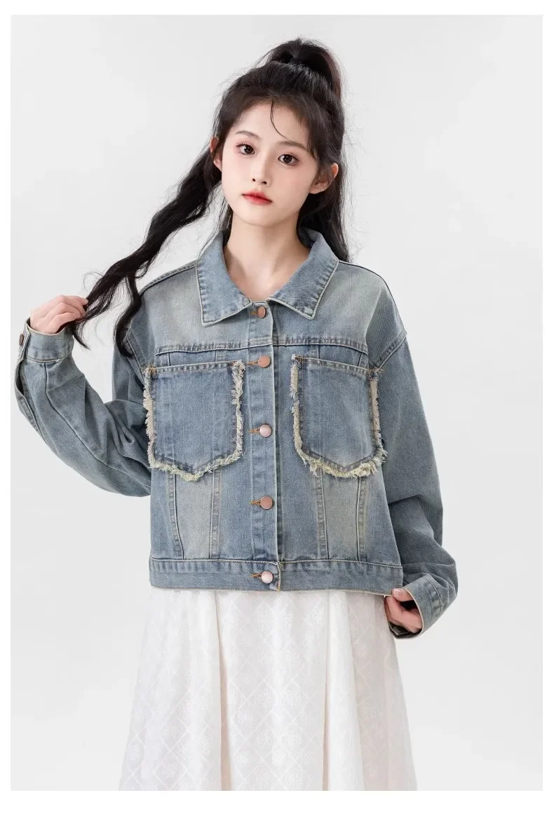 데님 코트 여성 빈티지 재킷 탑 스트릿웨어 싱글 버튼 턴다운 칼라 포켓 워싱 디스트레스드 아우터웨어 가을 2025