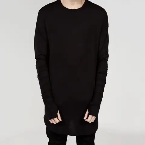 Enfärgad, avslappnad t-shirt med handskar, oregelbunden nederkant, rund hals, långärmad herr-t-shirt för vardagsbruk 8 best sales långärmad t-shirt med handskar - №5