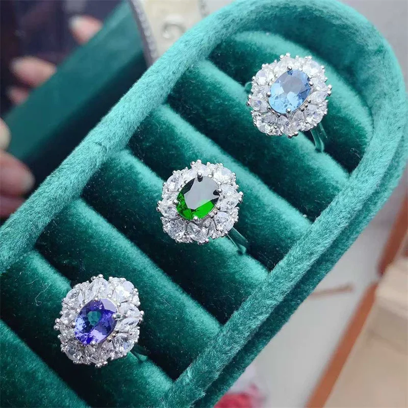 Genuine Tanzanite Chrome Diopside Topaz Real S925 Sterling Silver Ring for Women Girl Lady Natural Gorgous Ring with Certificate