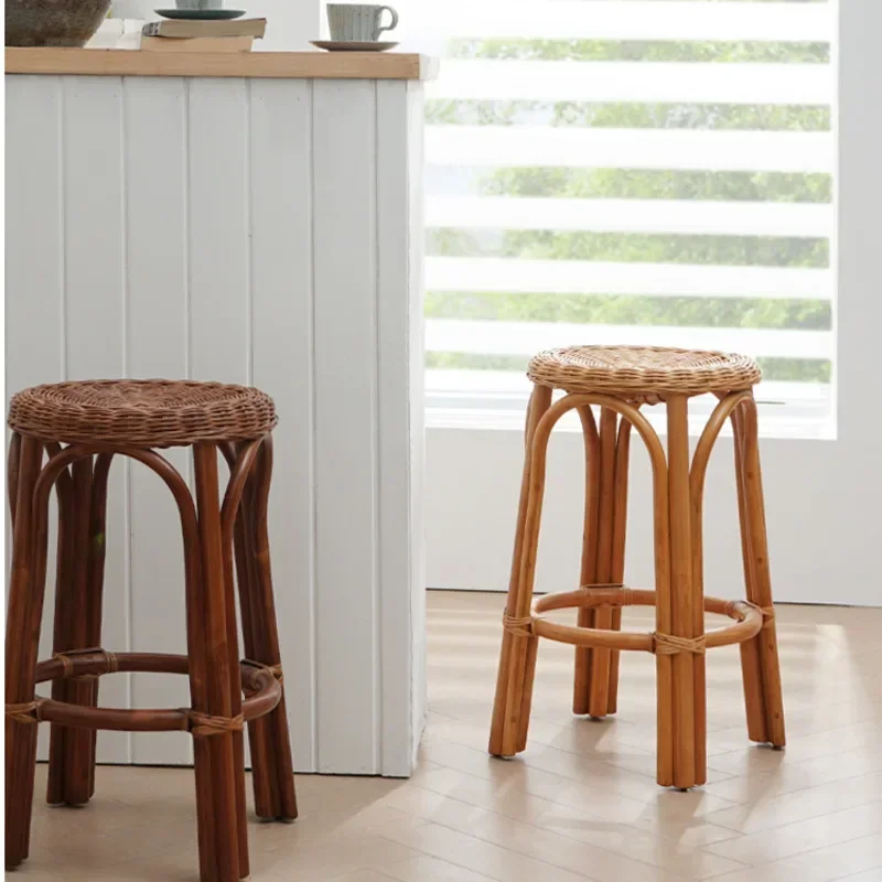 Solid Wood Natural Rattan High Foot Bar Stool with Backrest, Mid-Century Modern Accent Chair for Homestay, Kitchen & Bar