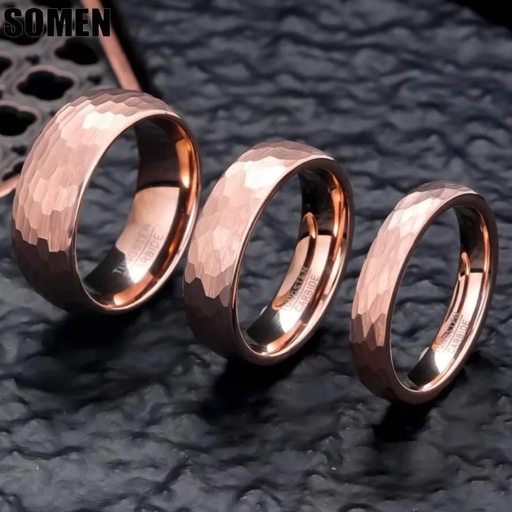 Somen 4/6/8mm Hammered Tungsten Carbide Rings For Men Women Rose Gold Plated Multi-Faceted Brushed Wedding Bands Fashion Jewelry