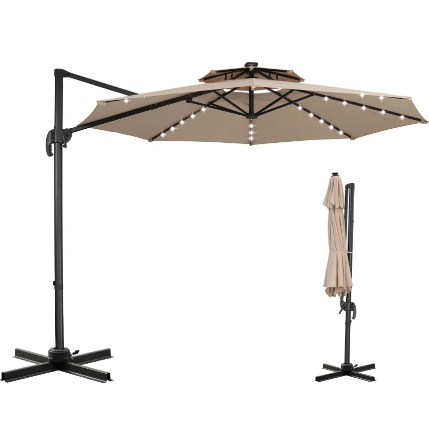 ！@Outdoor Large Round Roman Umbrella with LED Beads Waterproof Poolside Parasol Foldable Cantilever Patio Umbrella