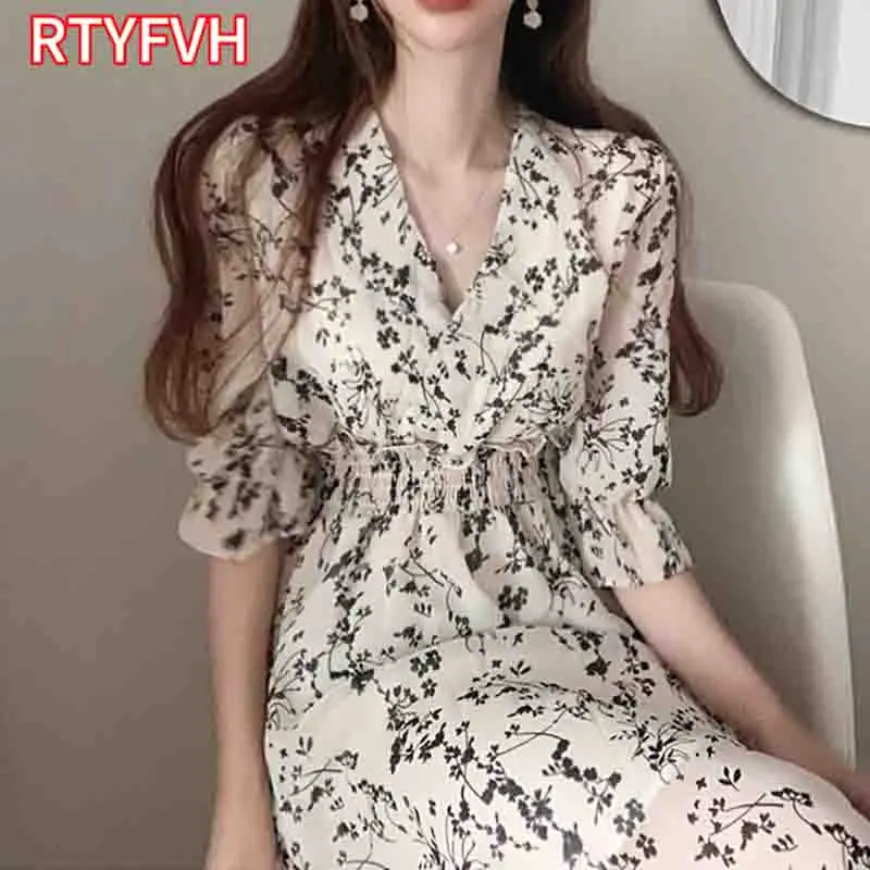 

Vintage Korea Fashion Clothing Summer Slim Elastic Waist A Line V Neck Elegant Office Lady Floral Chic Chiffon Long Dress Retro