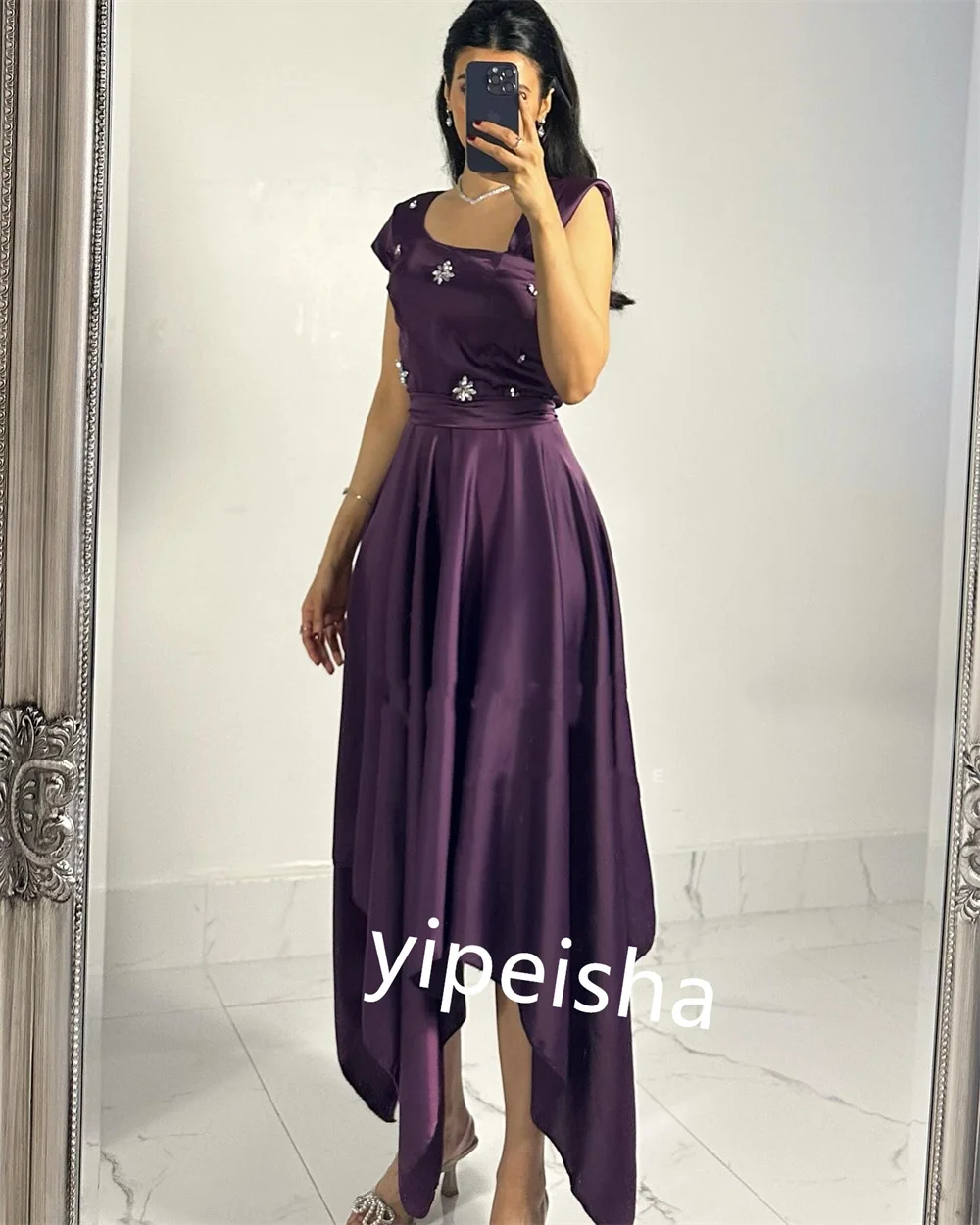 Personalizado brilho cetim lantejoulas ruched a linha com decote em v vestidos midi vestidos de noite tamanhos disponíveis intrincados combinando clássico e