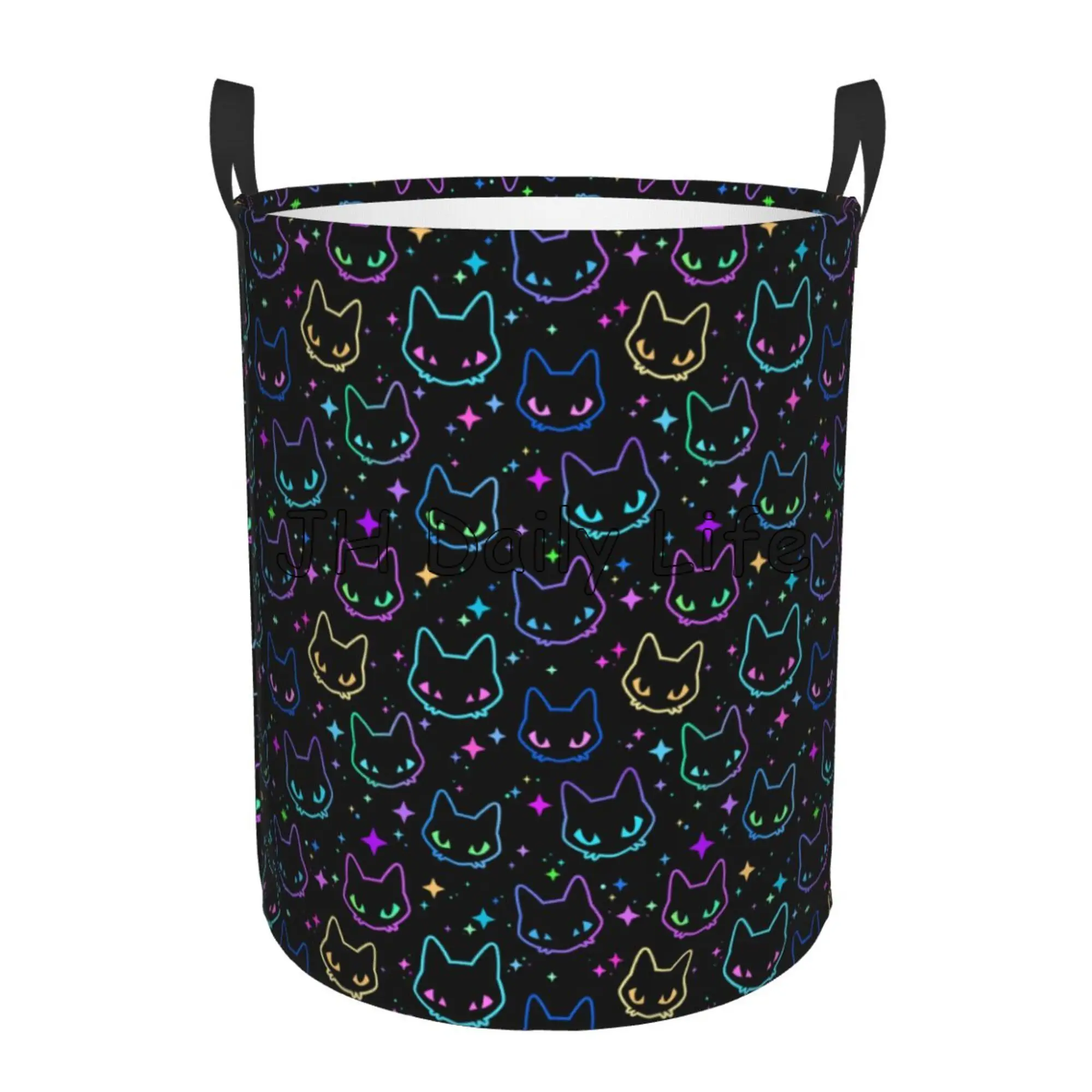 Funny Black Cats Round Laundry Hamper Cute Cat Silhouettes Storage Basket Toys Clothes Organizer Bin for Home Bathroom Bedroom