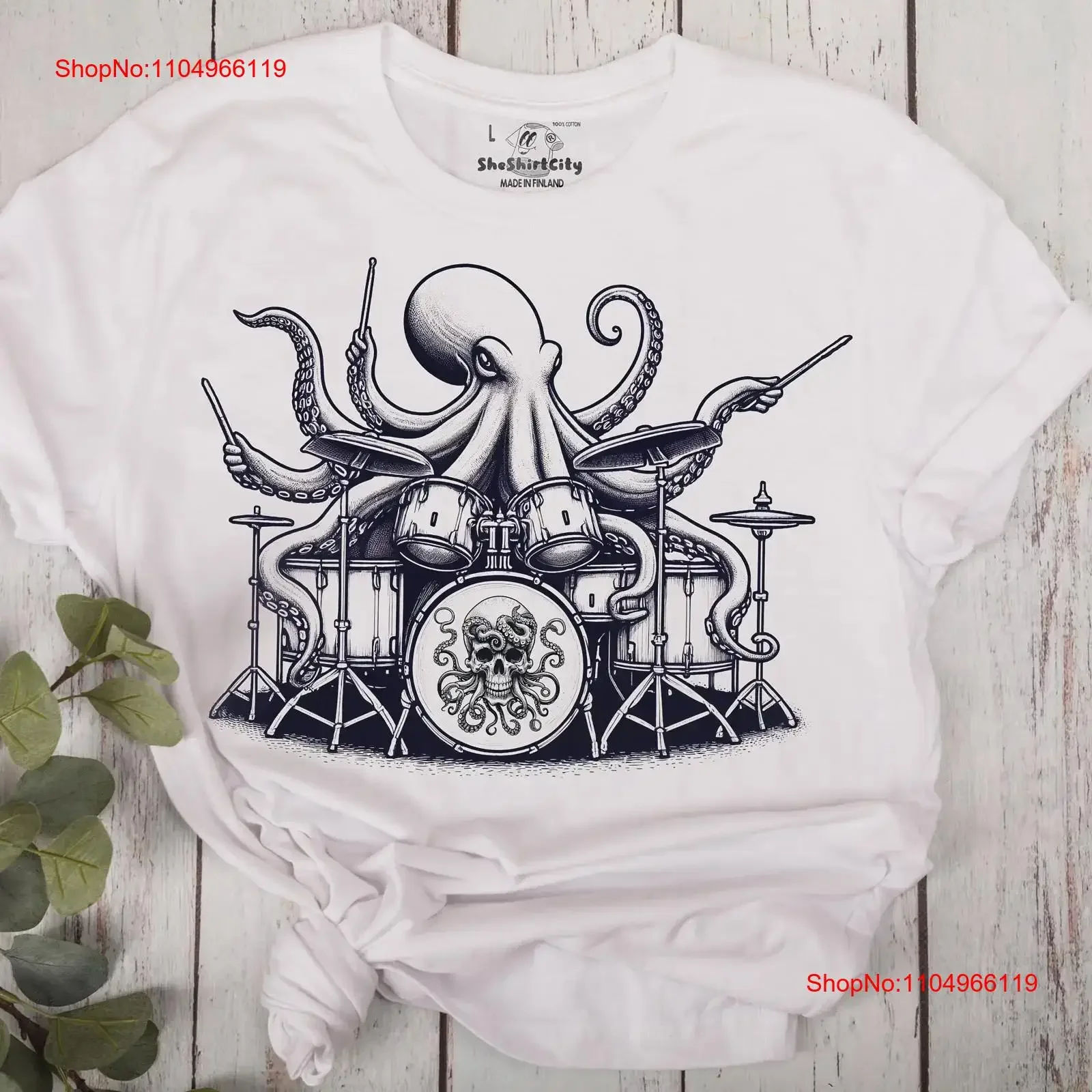 Poulpe jouant de la batterie t-shirt style Vintage blanc tout neuf œuvre d'art drôle Silly Rock été mode tatouage rétro musique vintage