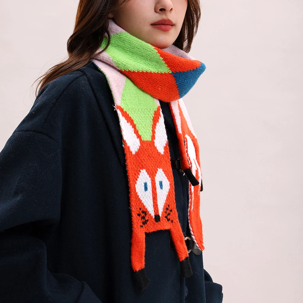 

Зимний вязаный шарф с рисунком лисы, уютная теплая шаль для детей, девочек и женщин, мягкий вязаный аксессуар с милым животным узором для родителей и детей