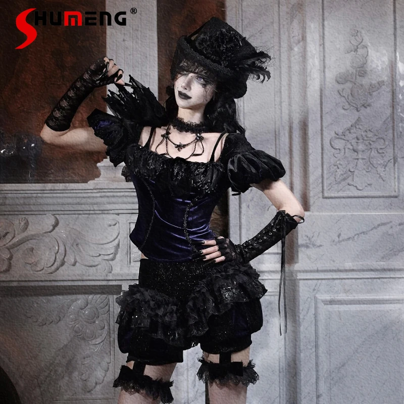 

Halloween Cos Short Set Original Design New Black Gothic Dark Lace Heavy Industry Velvet Pumpkin Short Puff Sleeve Tops T-Shirt