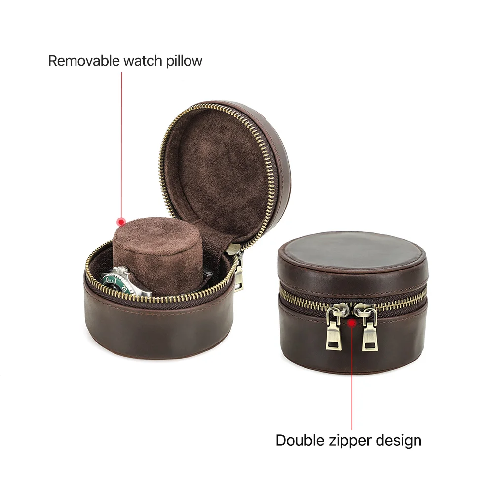 Retro Genuine Leather Zipper Mini Single Watch Case Storage Soft Cushioned Protective Container for Organizer Box for Men Gift