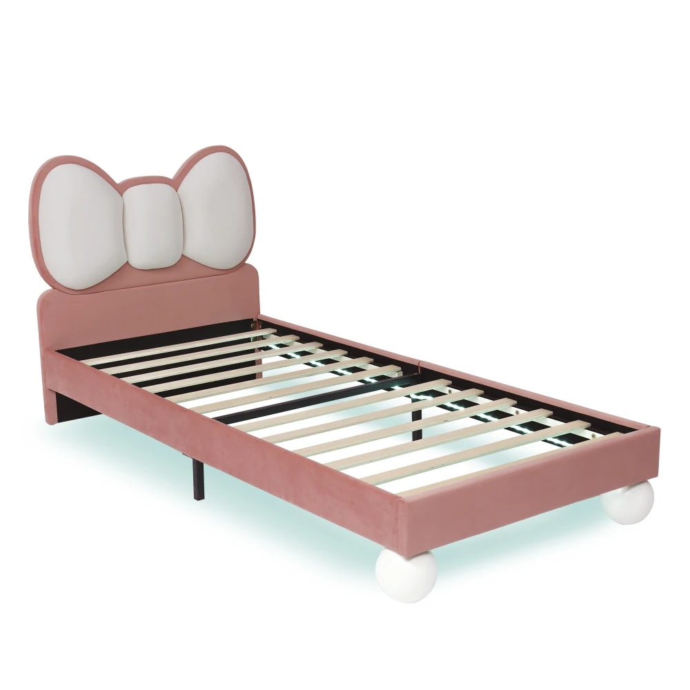 PINGGO Kinderbett, Einzelbett, 90 x 200 cm, Samt-Kopfteil in Fliegenform, Farbe, verstellbares LED-Licht, stabile Latten, ohne Matratze – Detail 15