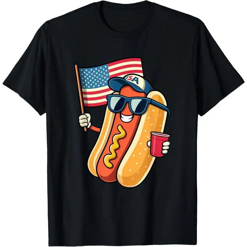 

Funny Hot Dog American Flag Graphic Tee, Men's Retro Novelty T-shirt, Vintage Summer Streetwear for Party, Cool Unique Fashion