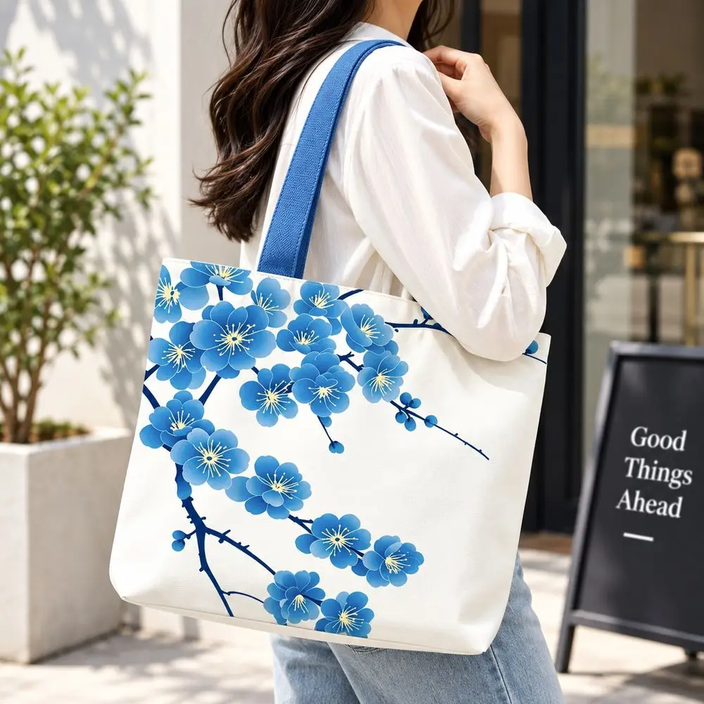 Gifts Blue Plum Blossom Print Canvas Bag Reusable Large Capacity Shoulder Bag Lightweight Versatile Tote Bag Women's Accessories