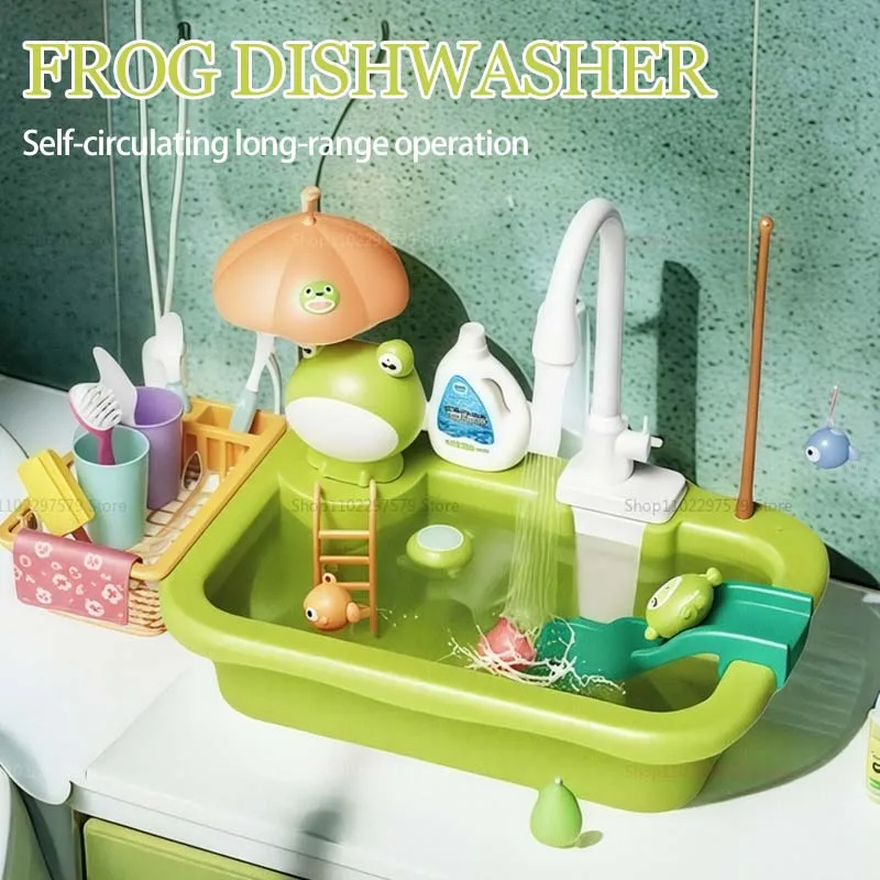 Nuovi bambini rana lavello da cucina Playset pesce lavastoviglie elettrico con giocattolo da corsa acqua finta cibo pesca gioco di ruolo regali di compleanno