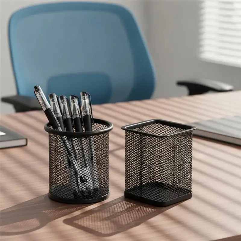 NEW Durable Metal Mesh Pencil Holder Black Square Round Pen Pot Cup Organizer For Office Desktop Home School Stationery Storage