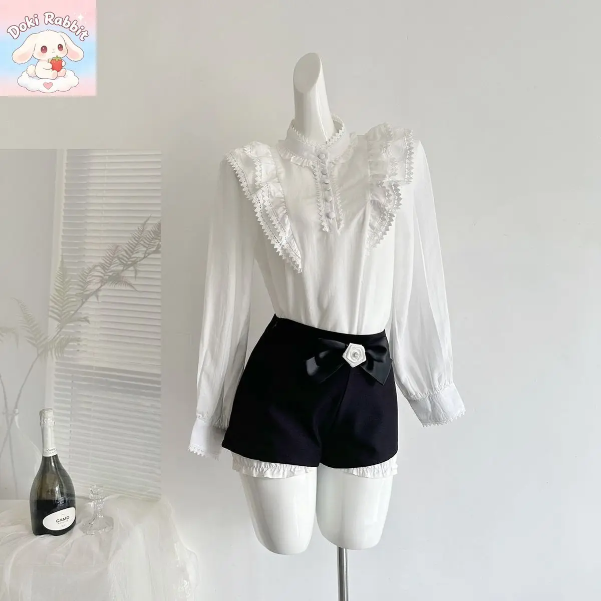 French Vintage Women 2 Piece Set Ruffle Blouse + Bow Shorts Birthday Elegant Soft Daily Casual Lolita Korean Fashion Y2k Outfits