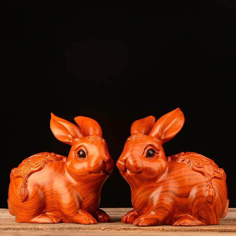 Rabbit Wood Carving Ornaments Solid Wood Carving Twelve Zodiac Rabbit Office Household TV Cabinet Decoration Creative Gift