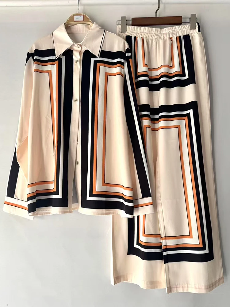 レトロ幾何学模様プリントラペルストレートレッグシャツツーピースセット 2025秋 レディースウェア + ウエストゴム入りルーズワイドレッグパンツセット