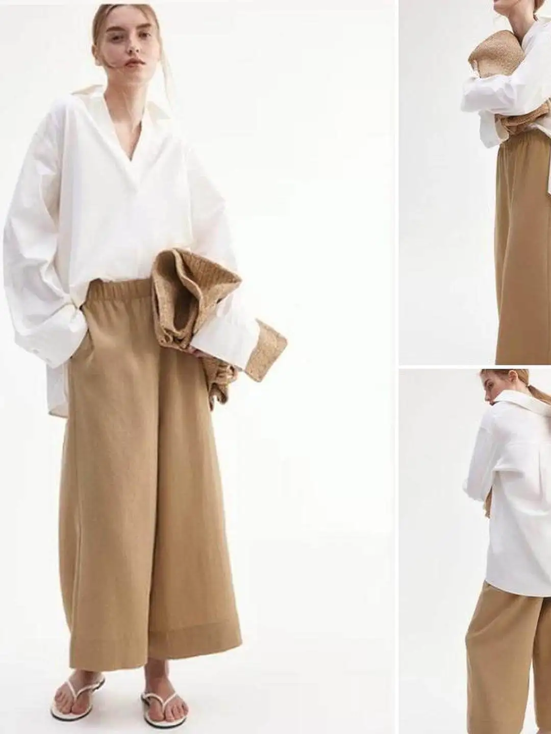 Spring Casual Wide Leg Pants High Waist Elastic Waist Side Pockets Loose Fit Versatile Seven Foot Length Ladies Trousers