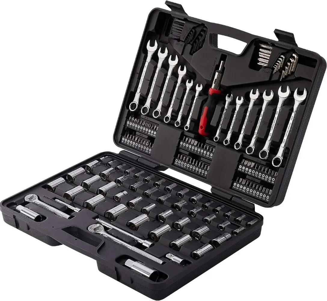 Mechanic Tool Socket Set 1/2, 3/8 and 1/4 Inch Drive SAE & Metric Size 161 Piece with Tool Box Storage Case