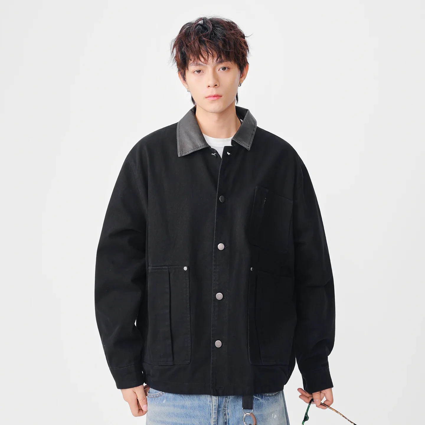 Hommes manteau Couple printemps automne vêtements d'extérieur hommes japonais Streetwear mode ample décontracté col en cuir Vintage Cargo veste