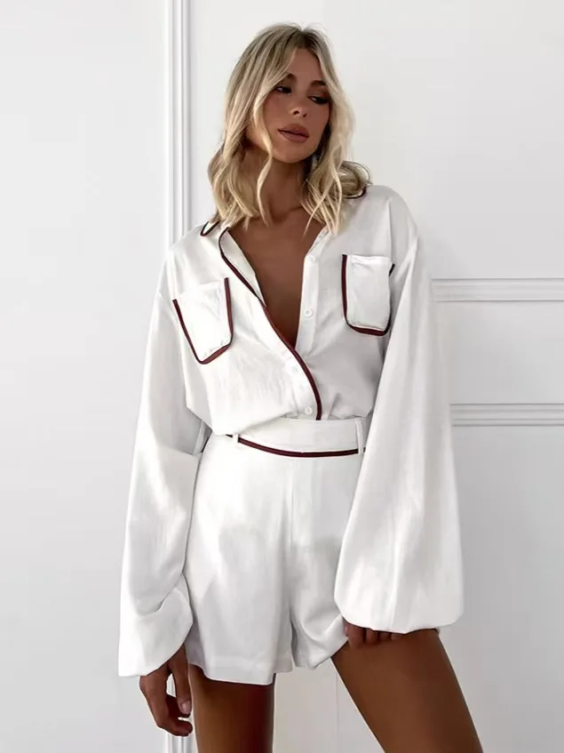 

Color Blo Lantern Sve irt orts Комплект модных пуговиц Ne Long Sve Outfit Весна 2025 Женская одежда