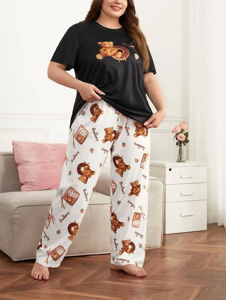 Plus Size 5XL Oversize Women\'s Pajamas Set Cartoon Print Sleepwear Smooth Soft Short-sleeved T-shirt Trousers Nightwear Homewear