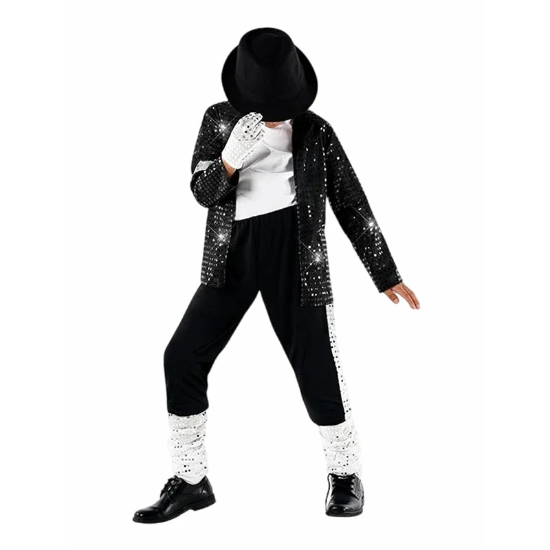 Retro-Pop-Bühnenkostüm für Jungen, Schwarzes Pailletten-Cosplay-Set, Jacke und Hose, Kinder-Outfit für Halloween, Geburtstag, Karneval, Rollenspiel, Verkleidung – Detail 6