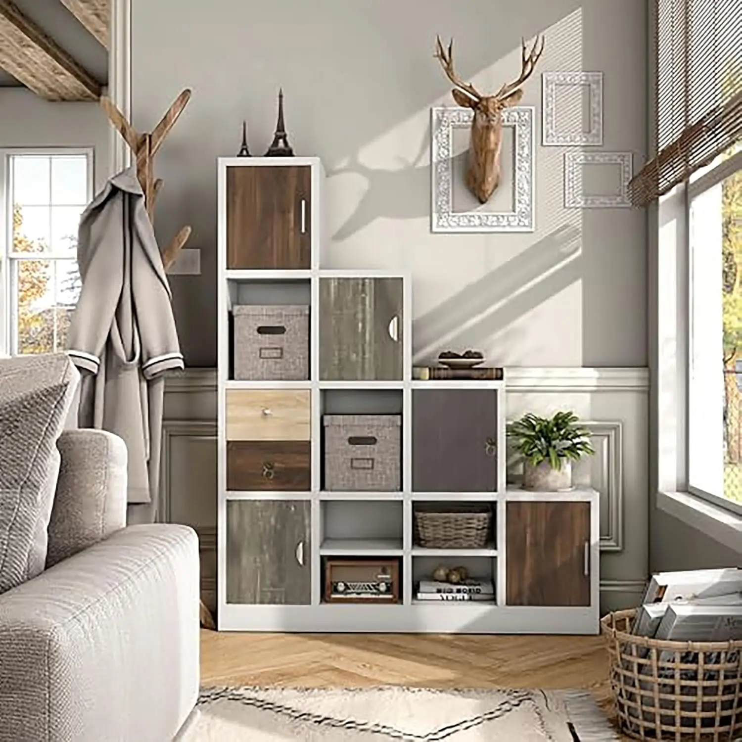 Modern 10-Cube Storage Bookcase with Drawer, L-Shaped Corner Display Shelf, 4-Tier Organizer for Living Room Bedroom Office, Whi