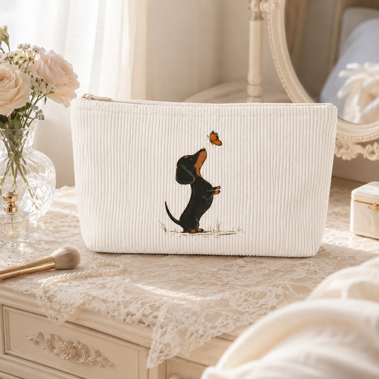 Corduroy Cosmetic Bag Cute Dachshund Makeup Pouch Butterfly Print Travel Toiletry Organizer Zipper Storage Bag for Women