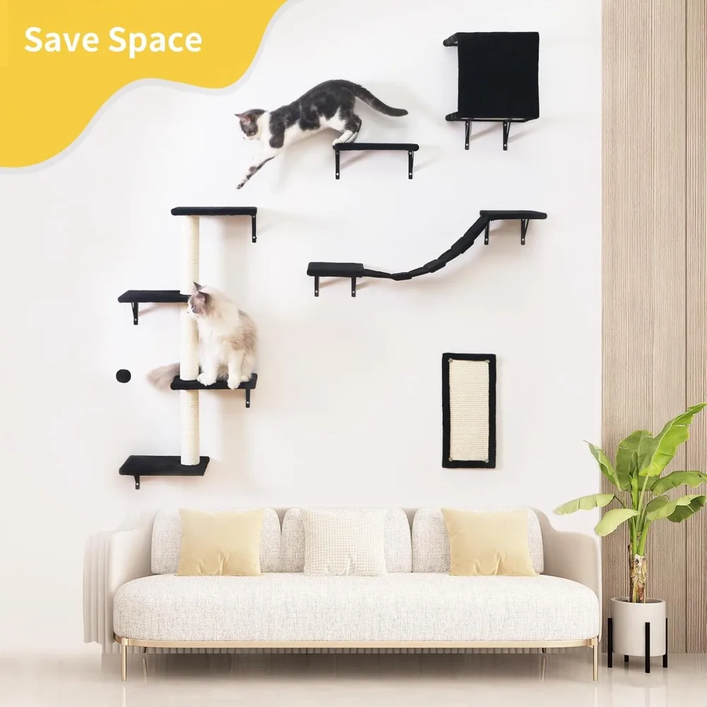 Modern Wall-Mounted Cat Furniture - 5pcs Cats Wall Shelves, Stable Wooden Cats Climber with Cat House, Bridge, Tree