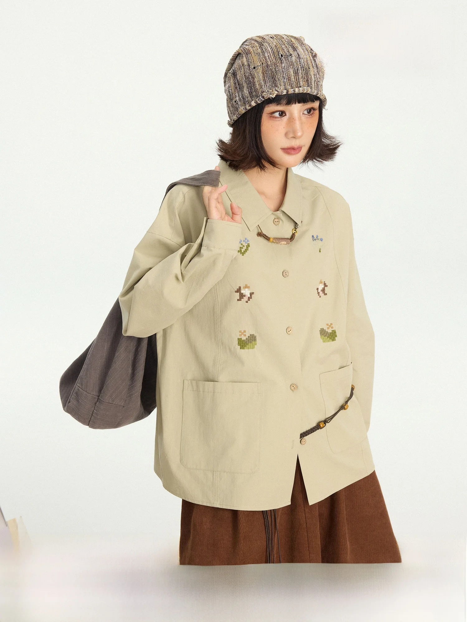 

Хлопковая рубашка с винтажной вышивкой, свободного кроя, женская, осенняя, в стиле пиксель-арт, повседневная, с длинным рукавом, на пуговицах