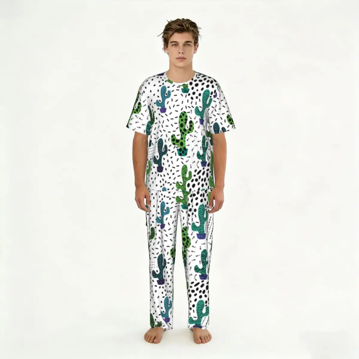 

Men's Casual Pajamas Sets Short Sleeve and Pants Sets Male Sleepwear Abstract Floral Cactus Pattern Home Clothes
