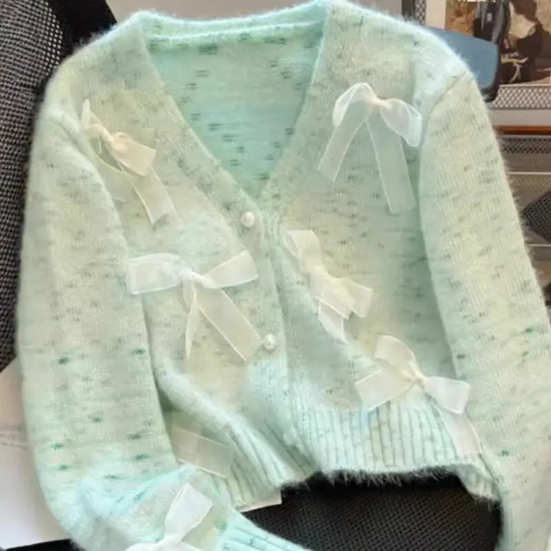 

Новый зимний модный женский сексуальный темпераментный вязаный свитер, ленивый стиль, с бантом, повседневные свободные корейские универсальные вязаные кардиганы с v-образным вырезом