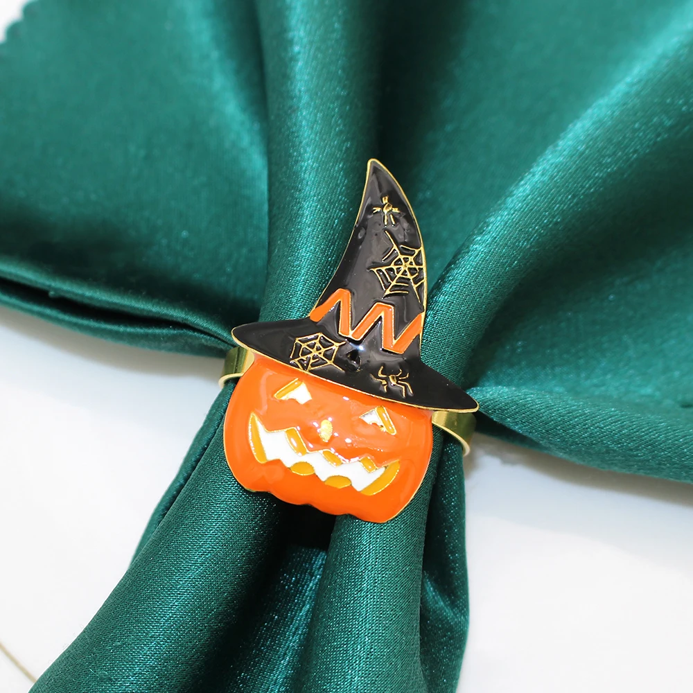 Halloween Napkin Ring for Thanksgiving, Horror Assustador, Laranja Abóbora, Black Witch Hat, Guardanapo Titular Anel, Holiday Party, HWH45, 6pcs