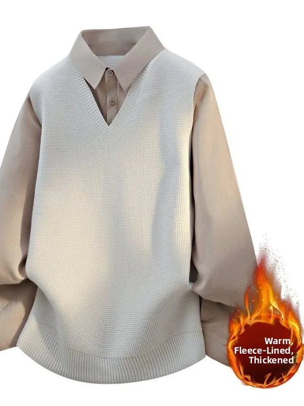 

Мужской вязаный свитер с флисовой подкладкой и воротником-рубашкой, имитация двухслойности, повседневный, зимний, деловой, с длинным рукавом, утолщенный трикотаж