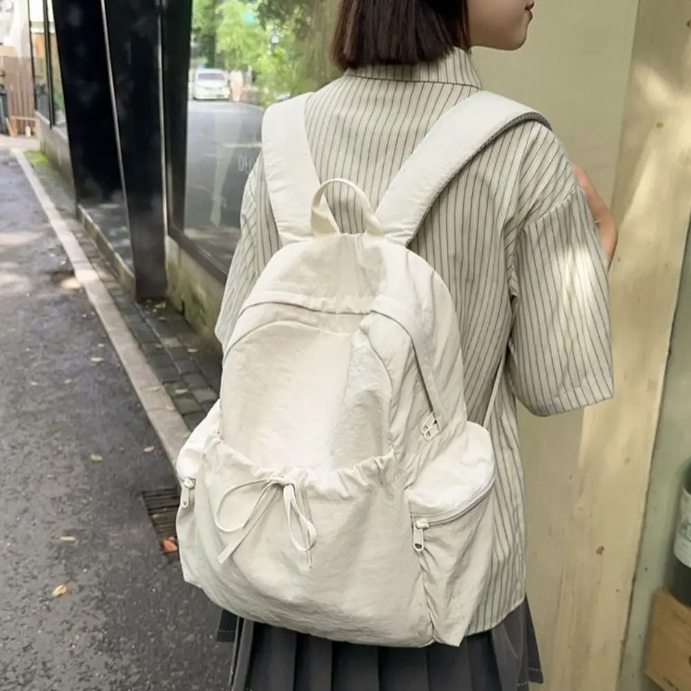 New Design Bow Wrinkle Backpack Solid Color Sweet Nylon Lightweight Backpack Large Capacity School Bag Travel Shoulders Bag