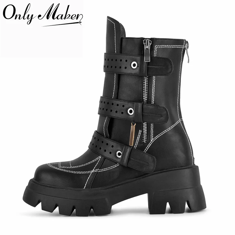 Onlymaker Women Punk Gothic Mid Calf Boots Black Adjustable Buckle Straps Platform Chunky Heel Back Zipper Street Fashion Bootss