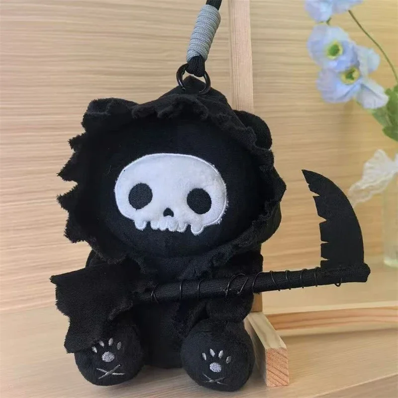 Gothic Style Grim Reaper Black Cat Plush Keychain Lovely Figure With Scythe Hooded Cloak Cute Bag Charm For Backpack Purse Decor