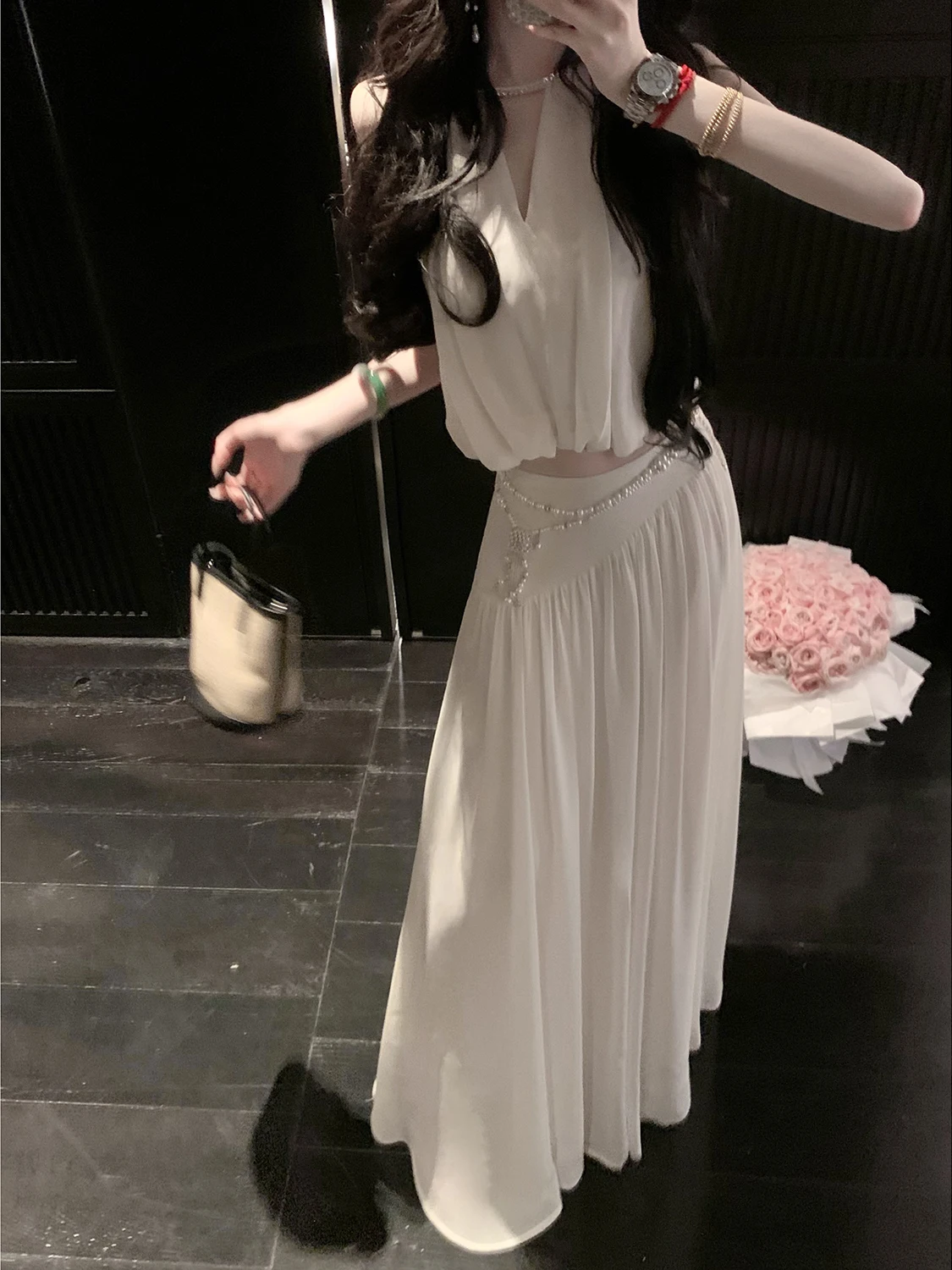 

Sy Caroline Summer Outfit Women's Svel Chiffon Top And Midi Skirt Two-Piece Set Ele White Casual Spring Wear