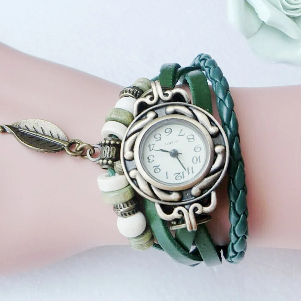 Retro Leather Winding Bracelet Leaf Pendant Watch para Mulheres, Relógios De Pulso De Quartzo Casual, Relógios De Moda