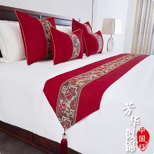 High-end New Chinese-style Hotel and Guesthouse Bedding Items Bed End Towels Bed Runners cotton and linen Bed Covers